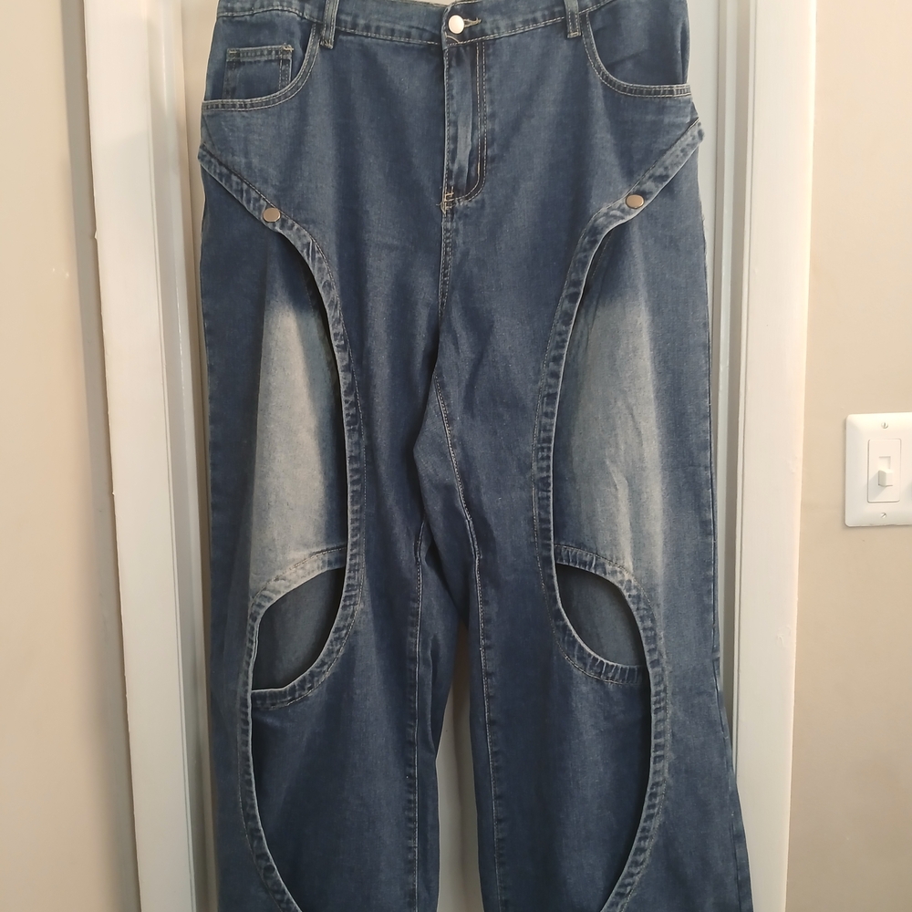 Blue Cut Out Abstract Wide Leg Denim Jeans 2X (16) NWOT - Picture 2 of 12